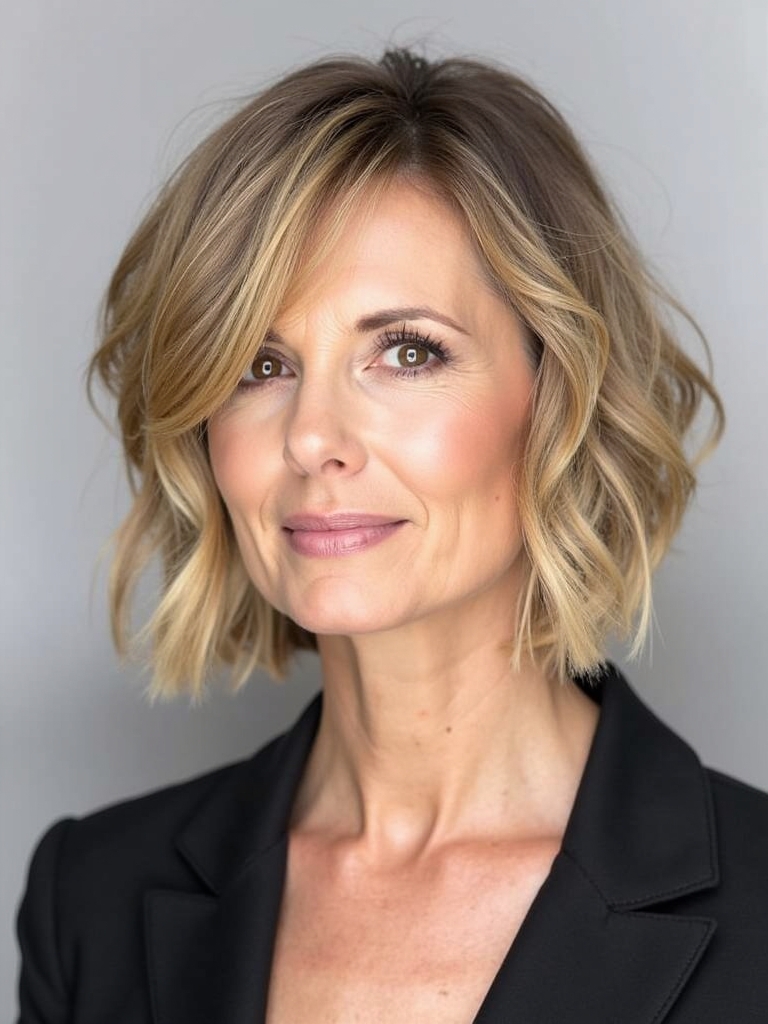 Hairstyles For Thin Hair Fine Over 50: Wavy Layered Bob with Side Part