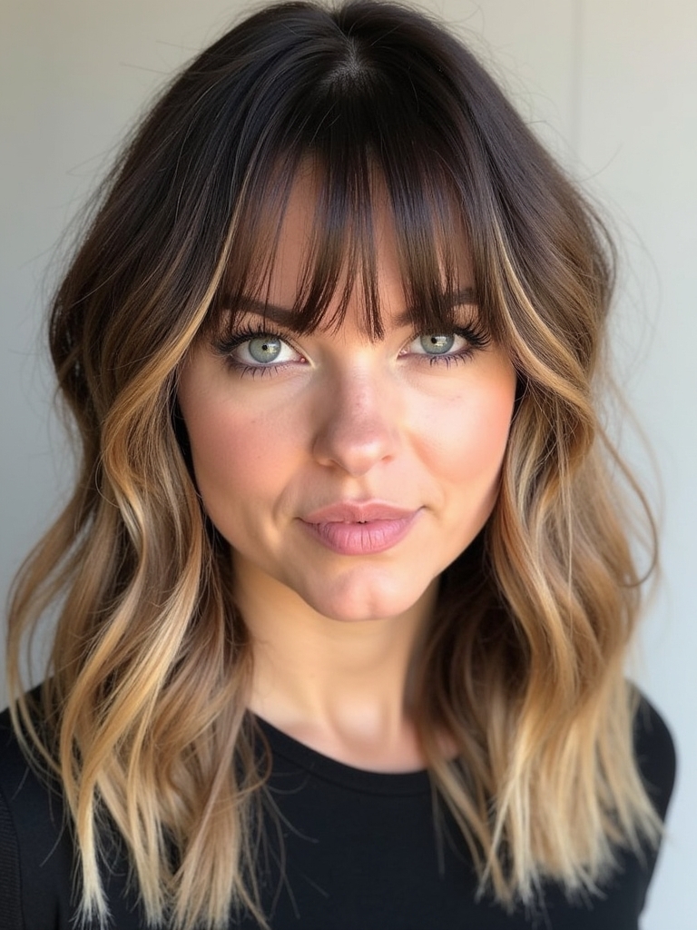 Face Framing Curtain Bangs with Lowlights