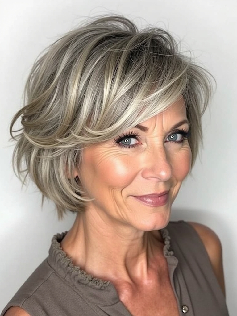 Hairstyles For Thin Hair Fine Over 50: Short Layered Hairstyle with Highlights