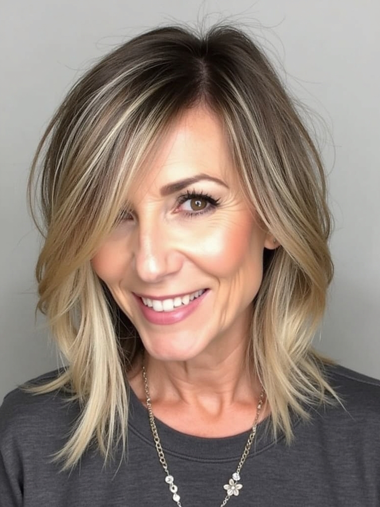Hairstyles For Thin Hair Fine Over 50: Wavy Lob with Balayage Highlights