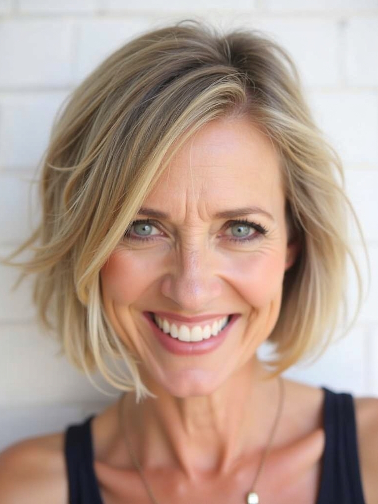 Hairstyles For Thin Hair Fine Over 50: Asymmetrical Bob with Deep Side Part