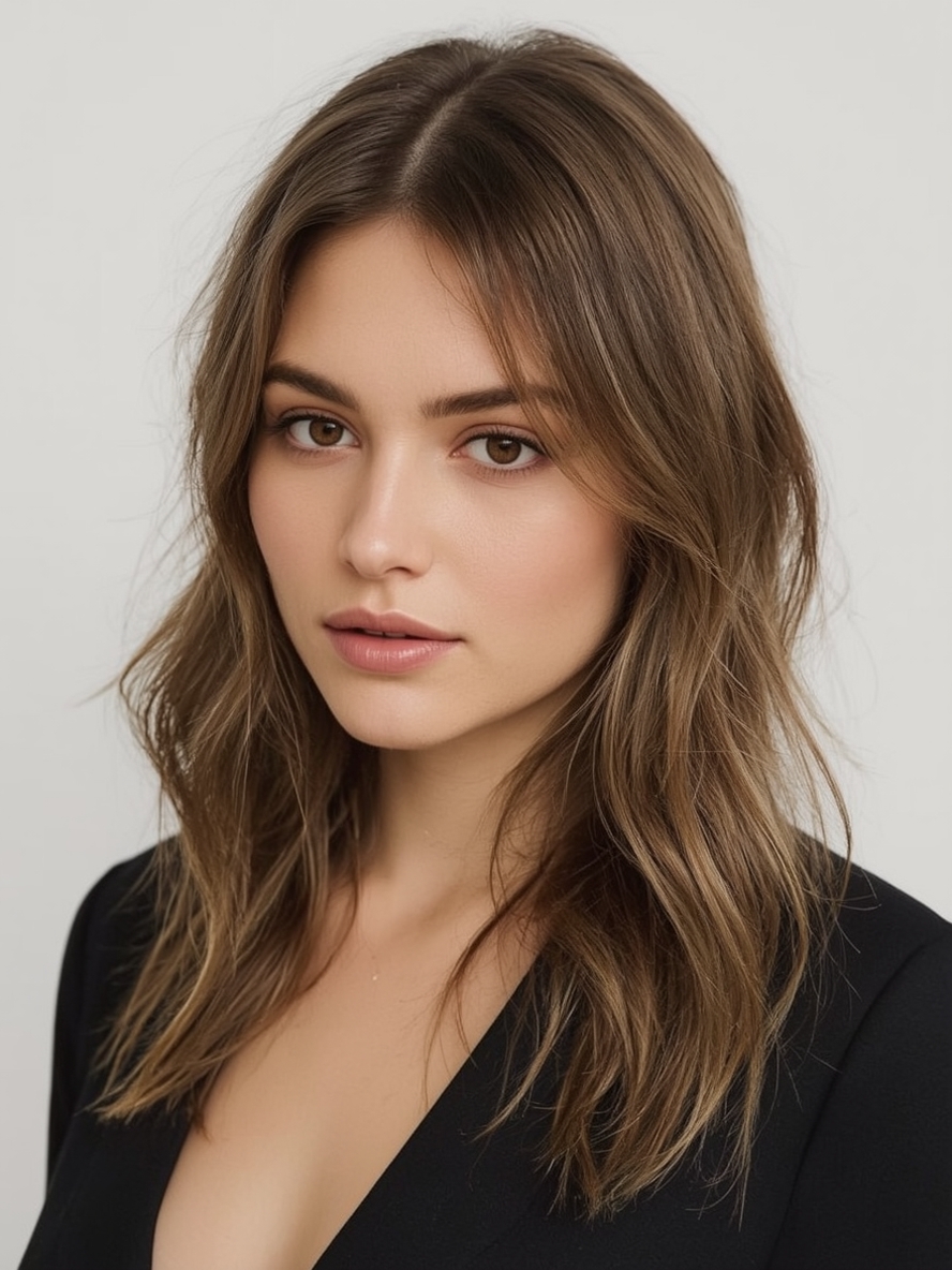 The Center Part and Sleek Butterfly Haircut Long Hair For Round Face