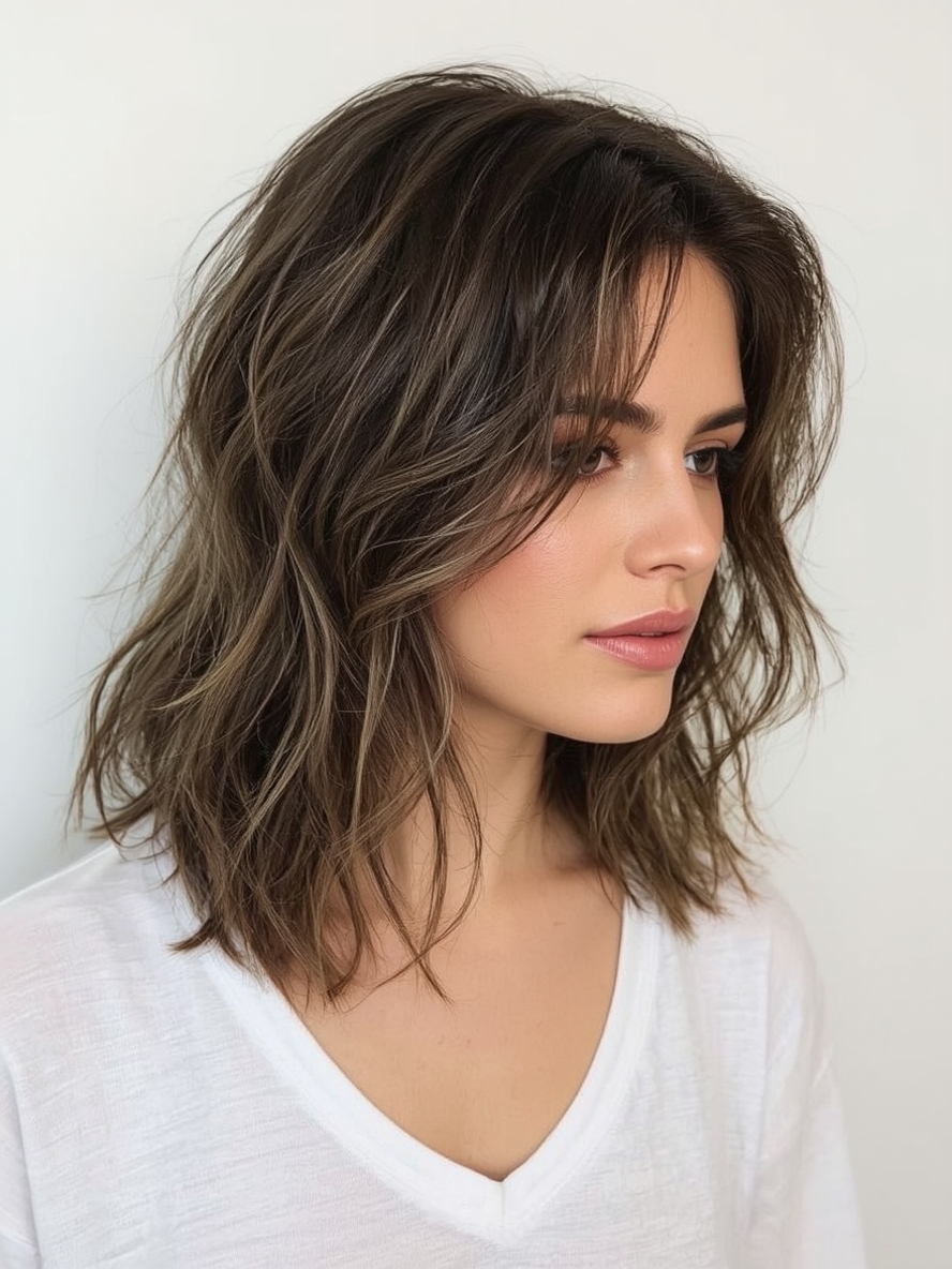 Sholder Length Hairstyle For Thin Hair Fine: Textured Layers with Side Bangs